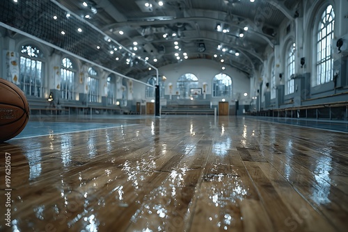 Spacious sports hall with shiny wooden flooring high resolution picture