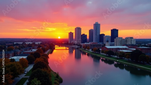 Urban landscape with buildings and skyscrapers at sunset