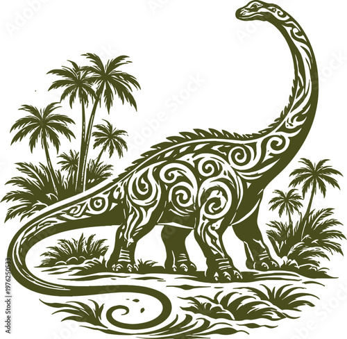 Brachiosaurus Tribal Swirl Jurassic Scene