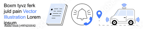 Communication tools, notification alerts, smart technology, digital navigation, route tracking, autonomous vehicles. Document, bell notification map pin and smart car icon. Communication and smart