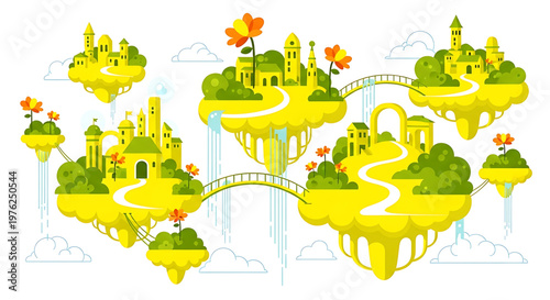 A whimsical vector illustration of a fantastical floating cityscape with yellow buildings and green islands