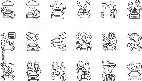 Car Insurance Repair and Automotive Service Line Icon Set