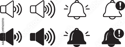 Sound and notification bell icons silhouette vector set, outline and flat style, alert reminder symbol, volume icons silhouette