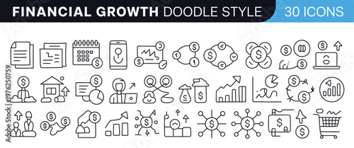 Finance and investment doodle icons, hand drawn style vector set of thirty elements, financial growth, money management, wealth building, investment tracking, savings, budgeting, banking, profit.