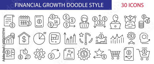 Finance and investment doodle icons, hand drawn style vector set of thirty elements, financial growth, money management, wealth building, investment tracking, savings, budgeting, banking, profit.