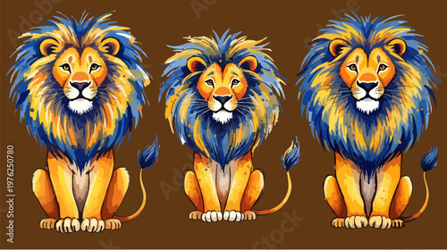 Stylized lion vector illustration set, majestic wild cat characters with blue and gold manes, artistic safari animal graphics for children's decor
