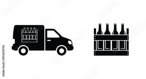 Delivery van and beer crates graphic on transparent background silhouette