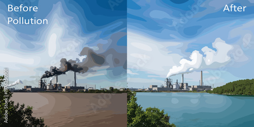 Environmental Pollution Reduction and Restoration Illustration Featuring Factory Emissions Before and After Cleanup Process