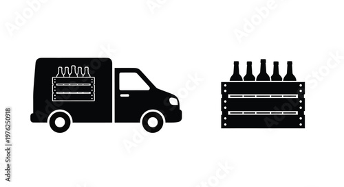 Delivery van with crates of bottles a graphic silhouette on transparent background