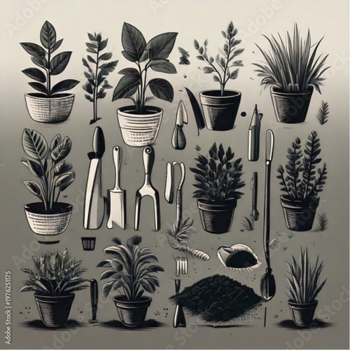 Collection of Potted Plants and Gardening Tools.
