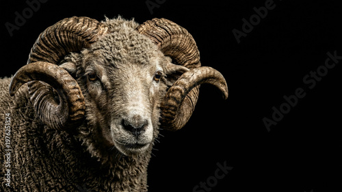 Dramatic portrait of a powerful Rambouillet ram with massive spiraling horns against a pitch-black background. High contrast studio lighting highlights texture and intense gaze