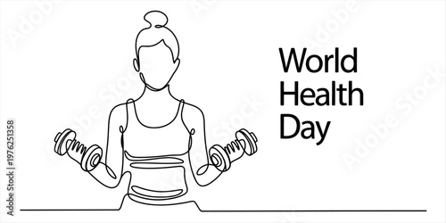 Continuous line drawing of a woman exercising with dumbbells for celebrating world health day Vector, illustration