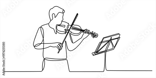 Continuous line drawing of a male violinist playing music with a stand on a plain white background Vector, illustration