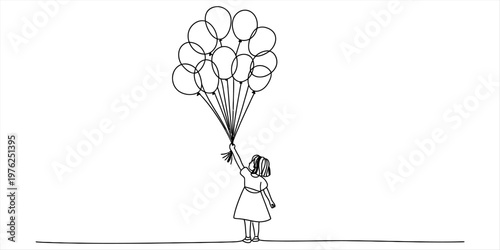 A simple black and white line drawing of a little girl holding a large bunch of round balloons Vector, illustration