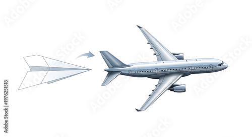 A vector graphic illustration of an airplane transforming from a paper airplane into a commercial airliner