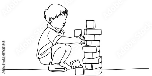 A simple black and white line drawing of a young child sitting and playing with wooden blocks. Vector, illustration