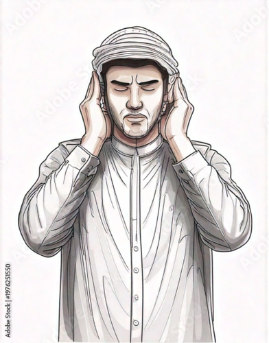 Man wearing traditional Arab clothing covering ears.