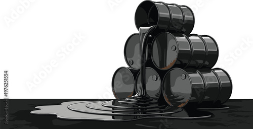 Oil barrels stacked, leaking crude oil spill, industrial pollution hazard, petroleum storage accident, environmental disaster, toxic waste contamination scene
