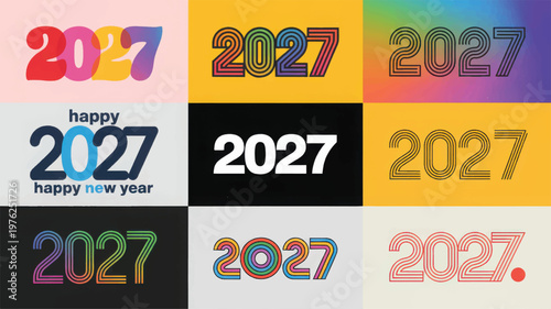 A collection of decorative bows with colorful numbers and text arranged in a grid on a festive background