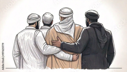 Four men in traditional clothing standing together in unity.