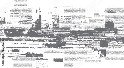 Distressed newspaper pages with overlapping text and dark grey ink smudges creating a textured background