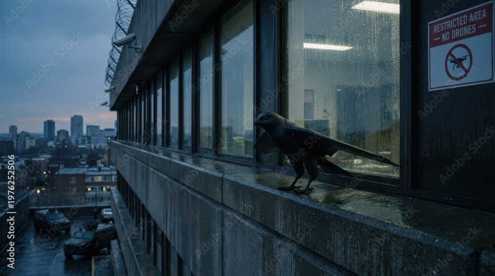 Obraz premium Raven on Window Ledge During Rainy Day in Urban Setting