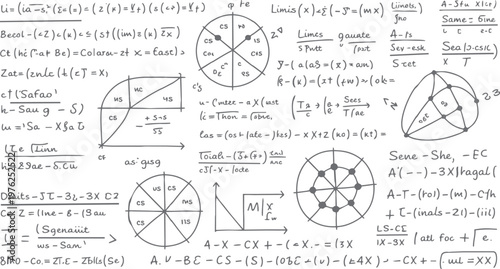 Hand drawn mathematical equations symbols and diagrams on white background mathematics formula