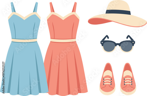 Summer dresses hat sunglasses and shoes outfit flat lay illustration.
