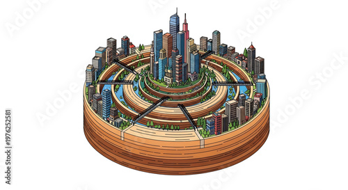A vibrant cityscape illustration showcasing a modern urban design with a circular road system and skyscrapers