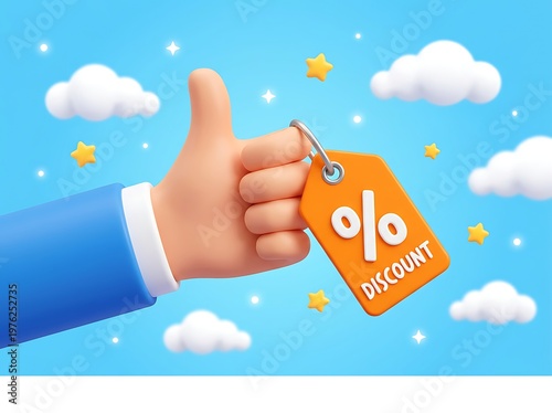 Hand holding orange discount tag with percentage sign and thumb up in blue sky with clouds and stars