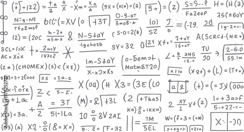 Handwritten mathematical equations and formulas with symbols and numbers on a white background mathematics