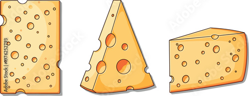 Swiss Cheese Pieces Collection with Various Slice Shapes and Holes, Dairy Food Illustration Set for Cooking, Grocery and Restaurant Menu Design