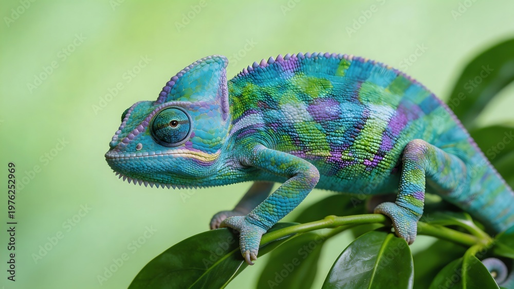 Obraz premium Colorful chameleon on green leaf