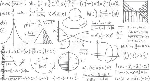 Hand drawn mathematical equations formulas graphs and geometric shapes on white background mathematics