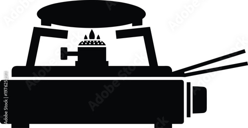 Portable camping stove with burning flame and cooking pot on top.