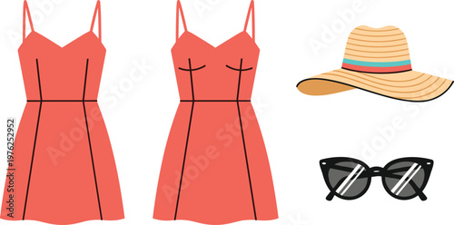 Summer dress, straw hat and sunglasses, beachwear fashion set on transparent background.