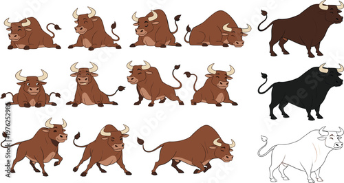 Bull Cartoon Collection with Running, Sitting, Standing and Charging Poses Cute Farm Animal Flat Vector Illustrations for Kids Design and Branding Projects.