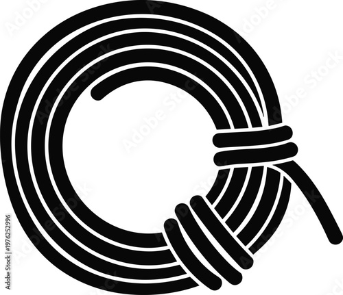 Black coil of rope tied with a knot on transparent background, simple vector illustration.