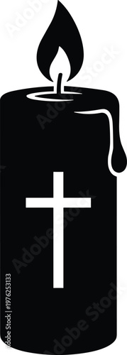 Candle with Christian cross symbol, burning candle with dripping wax, religious icon.
