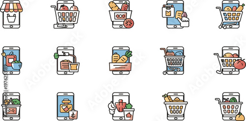 Online Grocery Shopping Icon Set with Mobile App Cart Food Delivery and Digital Purchase Elements for Ecommerce Retail and Supermarket Illustration Design