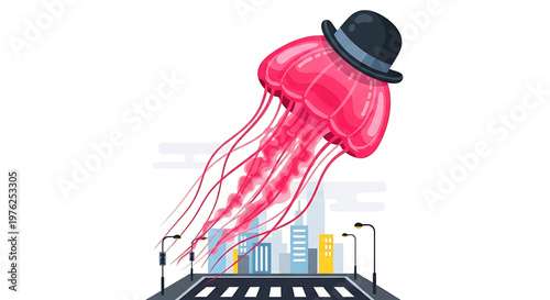 A whimsical vector graphic of a pink jellyfish wearing a black bowler hat floating above a city street