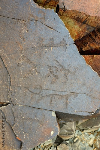 Bulls, goats, horses, people. Ancient rock carvings - Petroglyphs of Tanbaly,
Almaty Region, Zhambyl District, Matibulak Rural District District, Matibulak Rural District