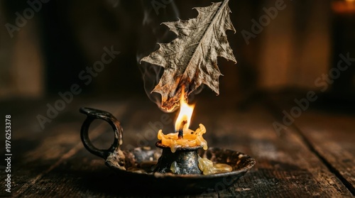 Candle Flame with Dry Leaf Creating Cozy Atmosphere in Rustic Setting