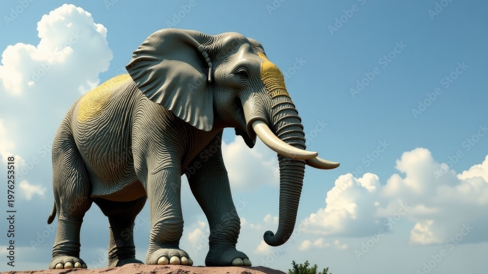Fototapeta premium A detailed image of a majestic elephant statue perched on a natural rock formation, great for use in wildlife, nature or travel-themed projects