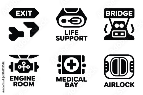 A set of black and white icons for a spaceship control panel