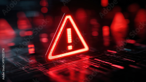 Alert symbol data corruption system failure warning sign red light glow digital background cyber security risk concept