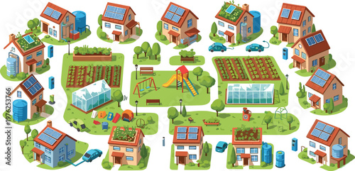 Sustainable Smart Village Illustration Featuring Solar-Powered Homes Greenhouses Community Garden Renewable Energy and Eco-Friendly Infrastructure