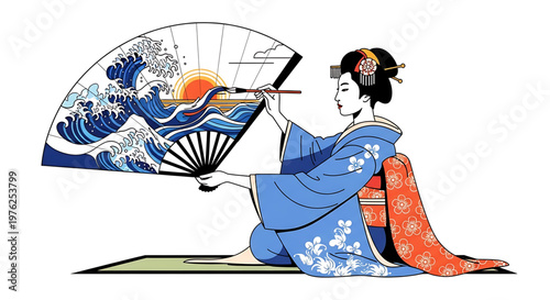 A traditional Japanese geisha in a blue kimono holding a fan with a wave design