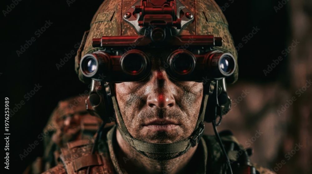Obraz premium Soldier in Tactical Gear with Night Vision Goggles and Serious Expression
