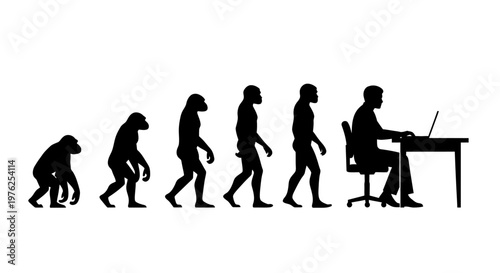 Evolution of Man: From Ape to Office Worker with Laptop, Showing Progress and Development
